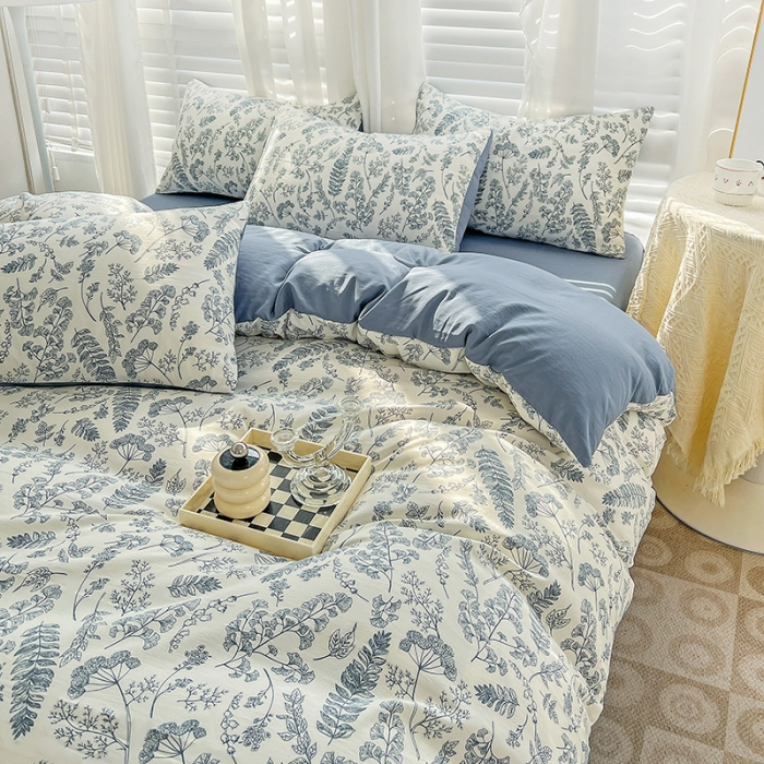 91家纺网 家纺一手货源 找家纺 暖芯优选 2023直播新款法式风双层纱棉麻水洗棉四件套 花季