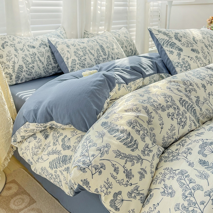 91家纺网 家纺一手货源 找家纺 暖芯优选 2023直播新款法式风双层纱棉麻水洗棉四件套 花季