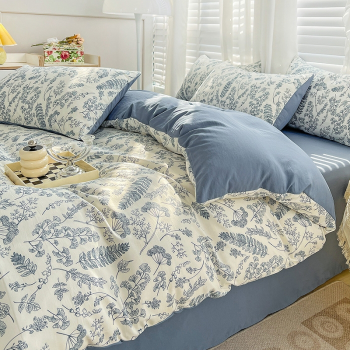 91家纺网 家纺一手货源 找家纺 暖芯优选 2023直播新款法式风双层纱棉麻水洗棉四件套 花季