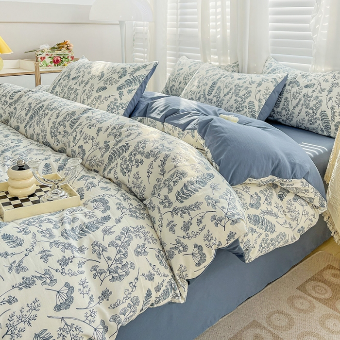 91家纺网 家纺一手货源 找家纺 暖芯优选 2023直播新款法式风双层纱棉麻水洗棉四件套 花季