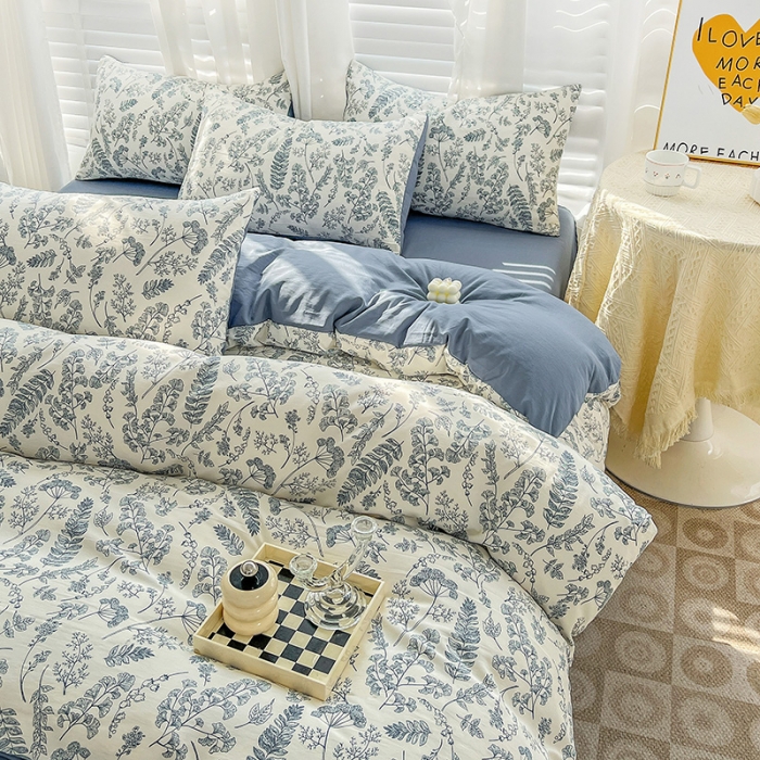 91家纺网 家纺一手货源 找家纺 暖芯优选 2023直播新款法式风双层纱棉麻水洗棉四件套 花季