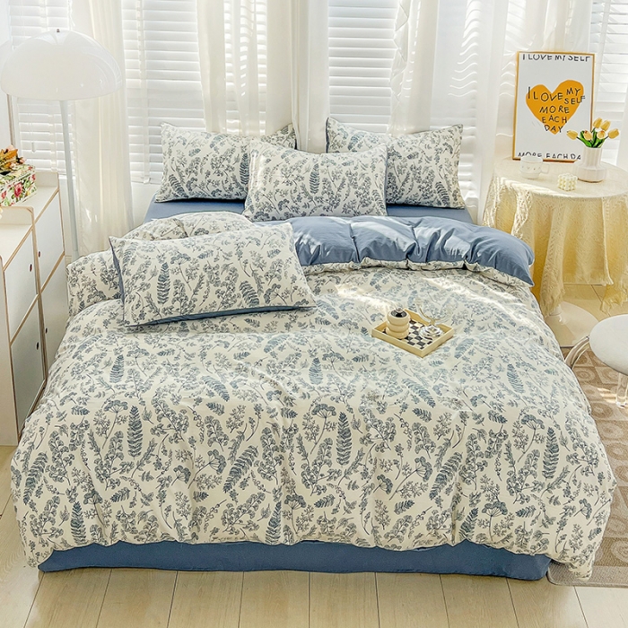 91家纺网 家纺一手货源 找家纺 暖芯优选 2023直播新款法式风双层纱棉麻水洗棉四件套 花季