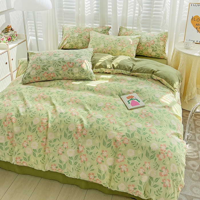 91家纺网 家纺一手货源 找家纺 暖芯优选 2023直播新款法式风双层纱棉麻水洗棉四件套 花开半夏