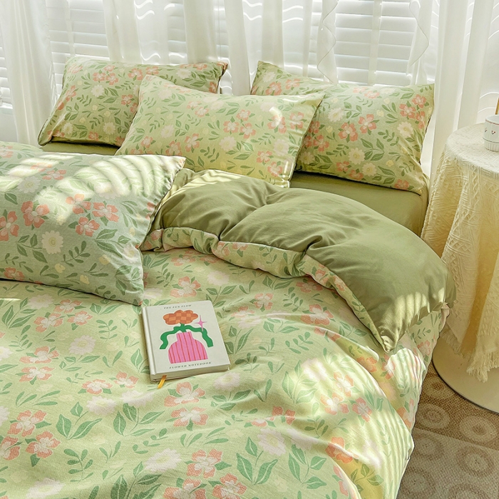 91家纺网 家纺一手货源 找家纺 暖芯优选 2023直播新款法式风双层纱棉麻水洗棉四件套 花开半夏