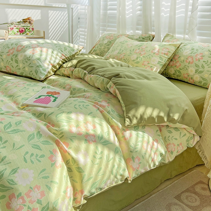 91家纺网 家纺一手货源 找家纺 暖芯优选 2023直播新款法式风双层纱棉麻水洗棉四件套 花开半夏