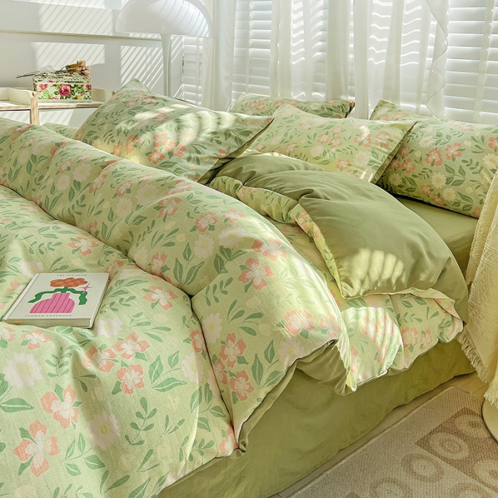 91家纺网 家纺一手货源 找家纺 暖芯优选 2023直播新款法式风双层纱棉麻水洗棉四件套 花开半夏