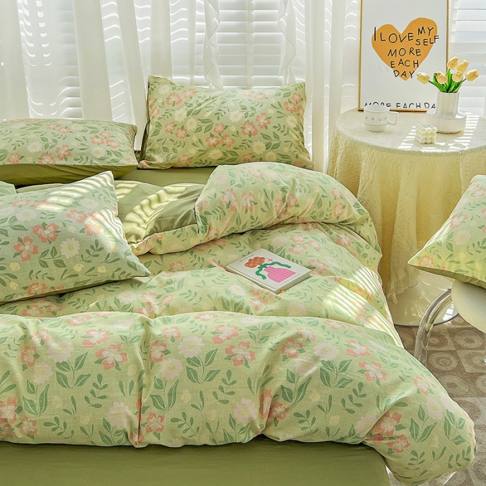 91家纺网 家纺一手货源 找家纺 暖芯优选 2023直播新款法式风双层纱棉麻水洗棉四件套 花开半夏