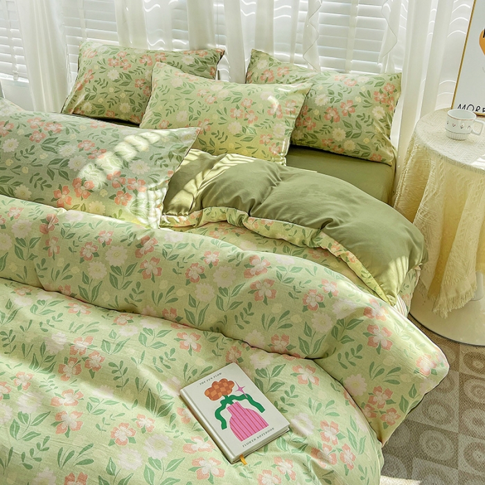 91家纺网 家纺一手货源 找家纺 暖芯优选 2023直播新款法式风双层纱棉麻水洗棉四件套 花开半夏