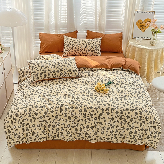 91家纺网 家纺一手货源 找家纺 暖芯优选 2023直播新款法式风双层纱棉麻水洗棉四件套 简约豹纹