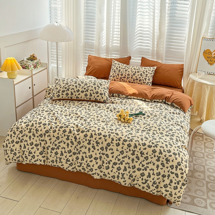 91家纺网 家纺一手货源 找家纺 暖芯优选 2023直播新款法式风双层纱棉麻水洗棉四件套 简约豹纹