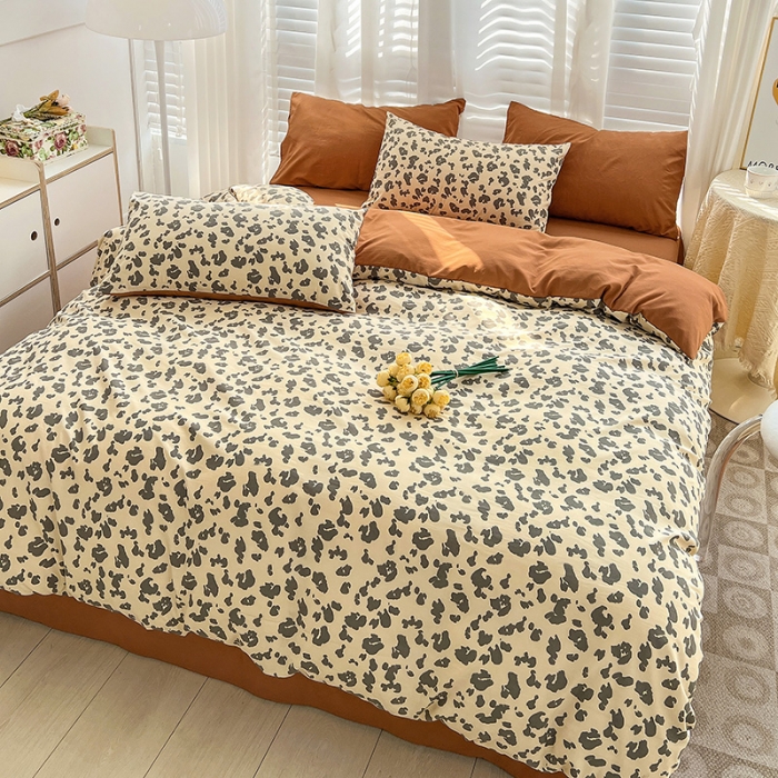 91家纺网 家纺一手货源 找家纺 暖芯优选 2023直播新款法式风双层纱棉麻水洗棉四件套 简约豹纹