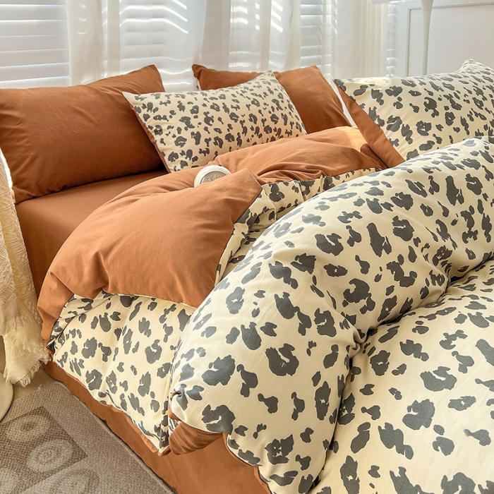 91家纺网 家纺一手货源 找家纺 暖芯优选 2023直播新款法式风双层纱棉麻水洗棉四件套 简约豹纹