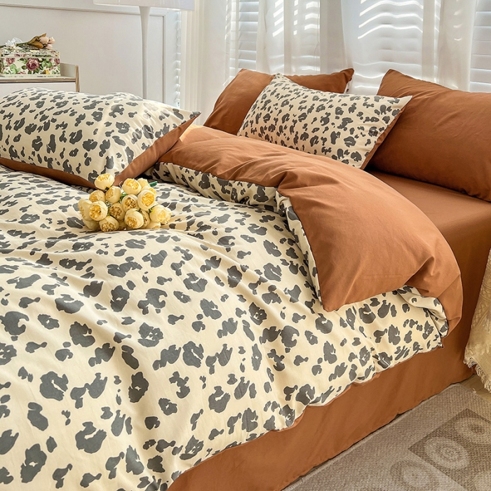 91家纺网 家纺一手货源 找家纺 暖芯优选 2023直播新款法式风双层纱棉麻水洗棉四件套 简约豹纹