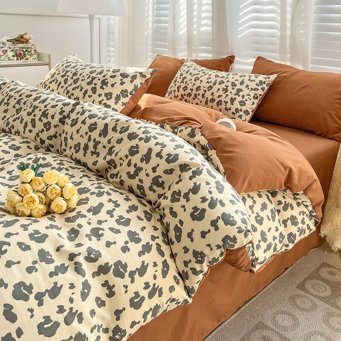 91家纺网 家纺一手货源 找家纺 暖芯优选 2023直播新款法式风双层纱棉麻水洗棉四件套 简约豹纹