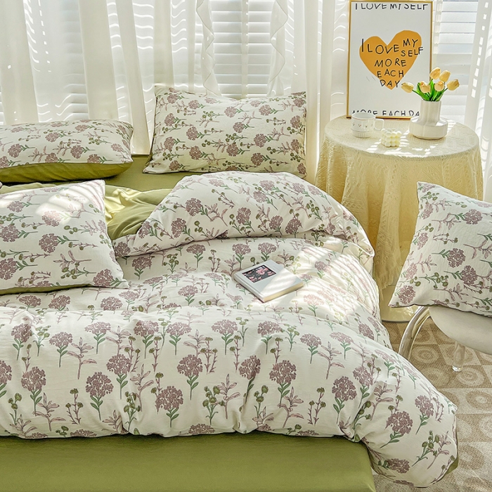 91家纺网 家纺一手货源 找家纺 暖芯优选 2023直播新款法式风双层纱棉麻水洗棉四件套 浪漫梦幻