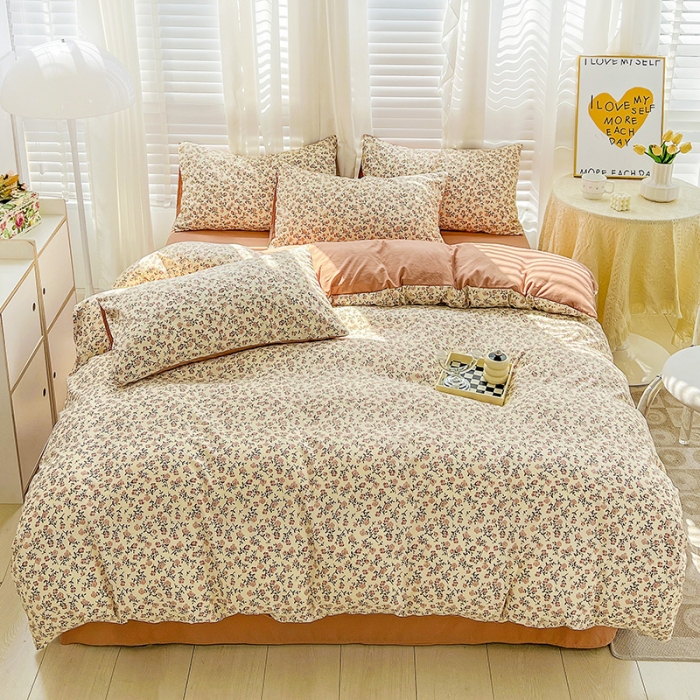 91家纺网 家纺一手货源 找家纺 暖芯优选 2023直播新款法式风双层纱棉麻水洗棉四件套 玫瑰园