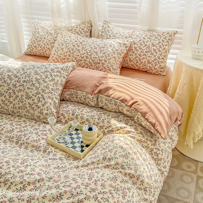 91家纺网 家纺一手货源 找家纺 暖芯优选 2023直播新款法式风双层纱棉麻水洗棉四件套 玫瑰园