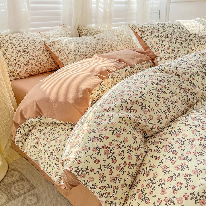 91家纺网 家纺一手货源 找家纺 暖芯优选 2023直播新款法式风双层纱棉麻水洗棉四件套 玫瑰园