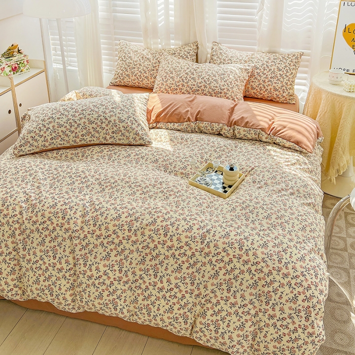 91家纺网 家纺一手货源 找家纺 暖芯优选 2023直播新款法式风双层纱棉麻水洗棉四件套 玫瑰园