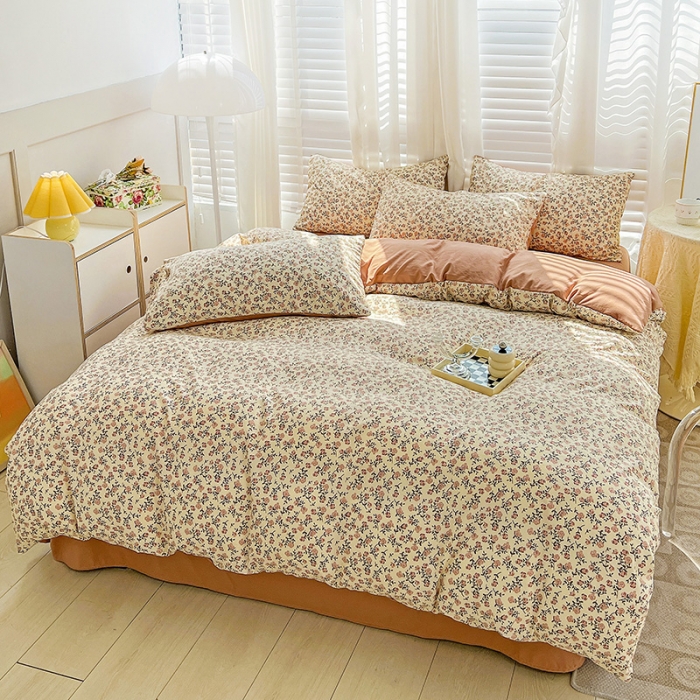 91家纺网 家纺一手货源 找家纺 暖芯优选 2023直播新款法式风双层纱棉麻水洗棉四件套 玫瑰园