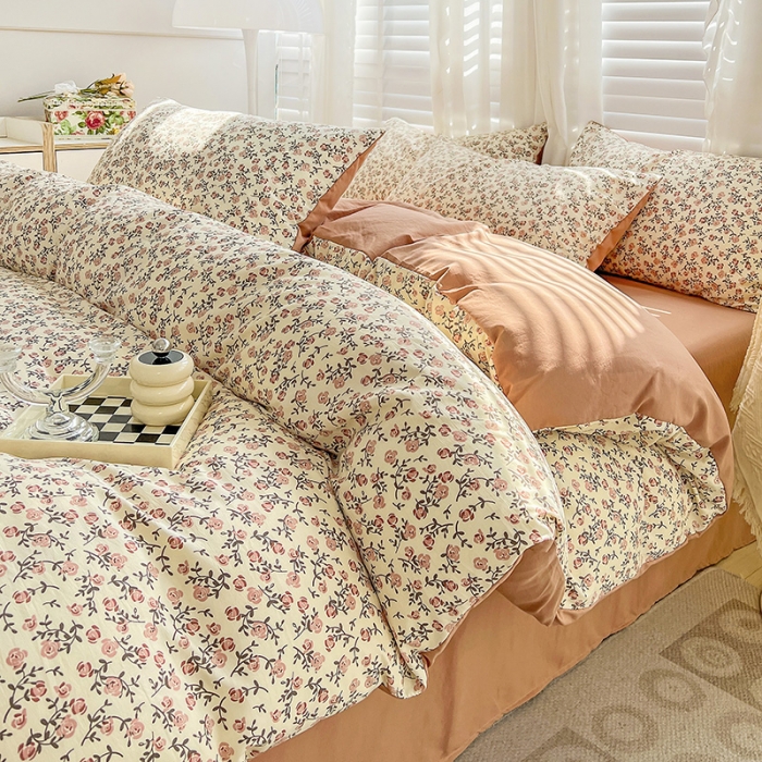 91家纺网 家纺一手货源 找家纺 暖芯优选 2023直播新款法式风双层纱棉麻水洗棉四件套 玫瑰园