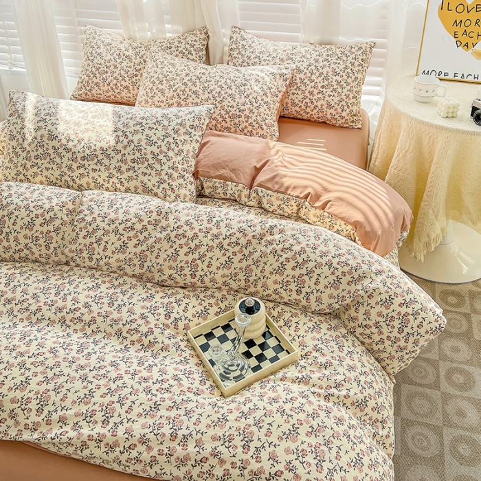 91家纺网 家纺一手货源 找家纺 暖芯优选 2023直播新款法式风双层纱棉麻水洗棉四件套 玫瑰园