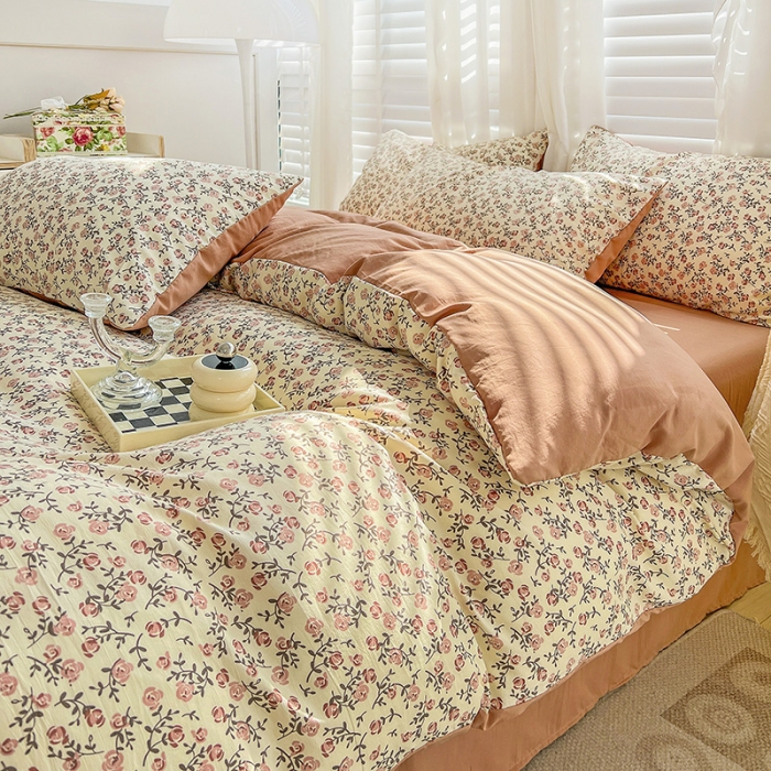 91家纺网 家纺一手货源 找家纺 暖芯优选 2023直播新款法式风双层纱棉麻水洗棉四件套 玫瑰园