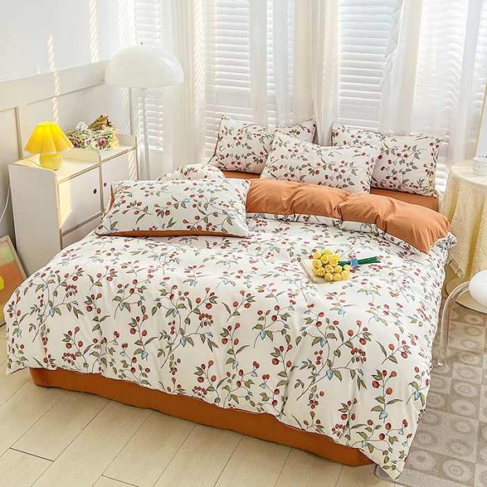 91家纺网 家纺一手货源 找家纺 暖芯优选 2023直播新款法式风双层纱棉麻水洗棉四件套 枇杷树