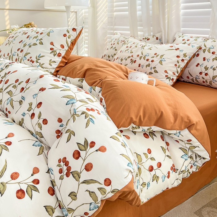 91家纺网 家纺一手货源 找家纺 暖芯优选 2023直播新款法式风双层纱棉麻水洗棉四件套 枇杷树