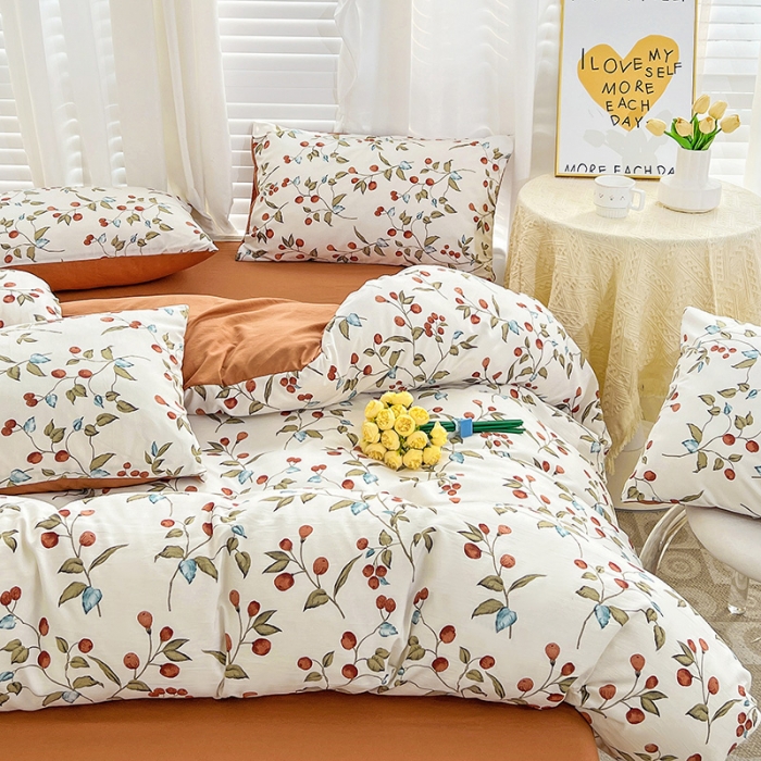 91家纺网 家纺一手货源 找家纺 暖芯优选 2023直播新款法式风双层纱棉麻水洗棉四件套 枇杷树