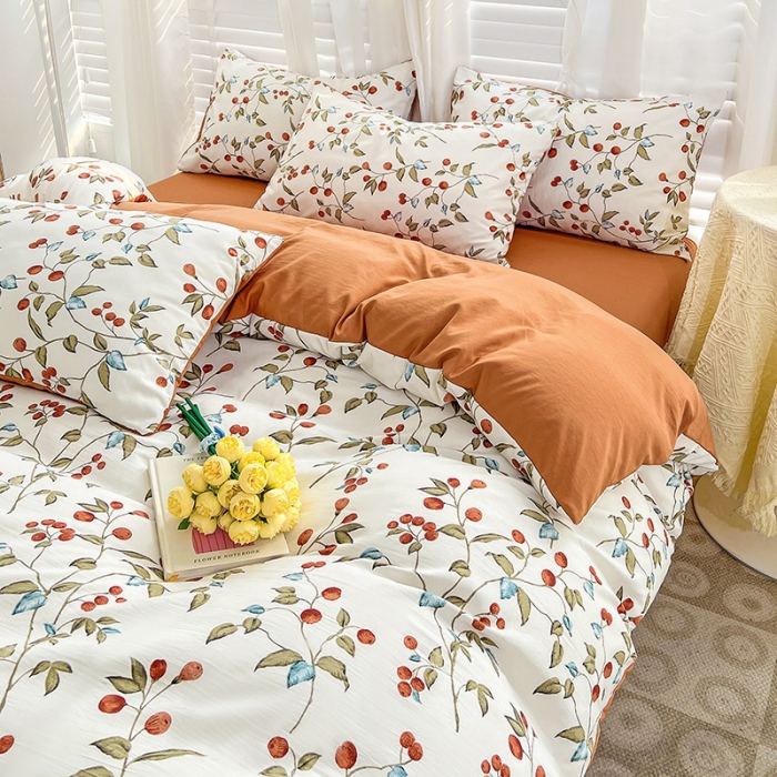 91家纺网 家纺一手货源 找家纺 暖芯优选 2023直播新款法式风双层纱棉麻水洗棉四件套 枇杷树