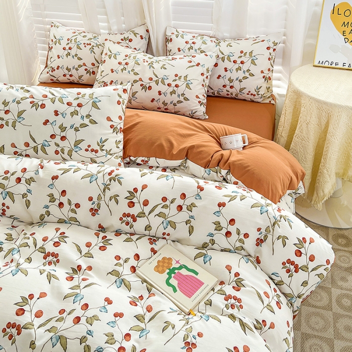 91家纺网 家纺一手货源 找家纺 暖芯优选 2023直播新款法式风双层纱棉麻水洗棉四件套 枇杷树