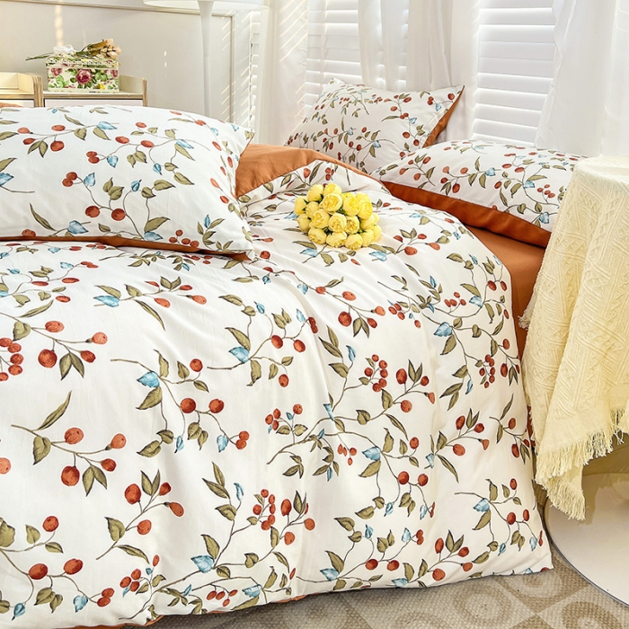 91家纺网 家纺一手货源 找家纺 暖芯优选 2023直播新款法式风双层纱棉麻水洗棉四件套 枇杷树