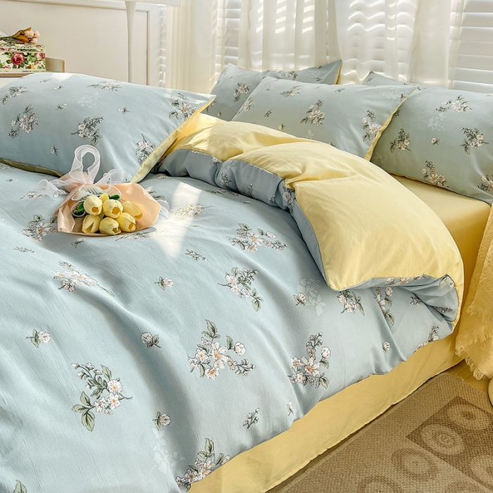 91家纺网 家纺一手货源 找家纺 暖芯优选 2023直播新款法式风双层纱棉麻水洗棉四件套 清欢-蓝