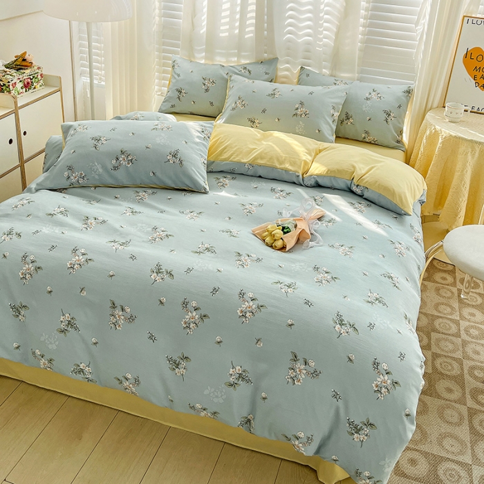 91家纺网 家纺一手货源 找家纺 暖芯优选 2023直播新款法式风双层纱棉麻水洗棉四件套 清欢-蓝