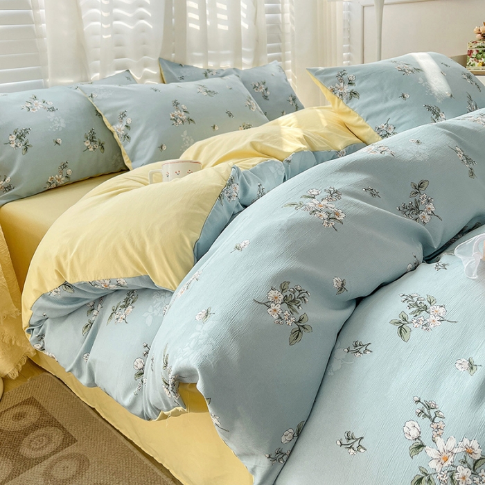 91家纺网 家纺一手货源 找家纺 暖芯优选 2023直播新款法式风双层纱棉麻水洗棉四件套 清欢-蓝