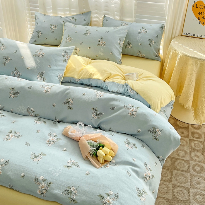 91家纺网 家纺一手货源 找家纺 暖芯优选 2023直播新款法式风双层纱棉麻水洗棉四件套 清欢-蓝