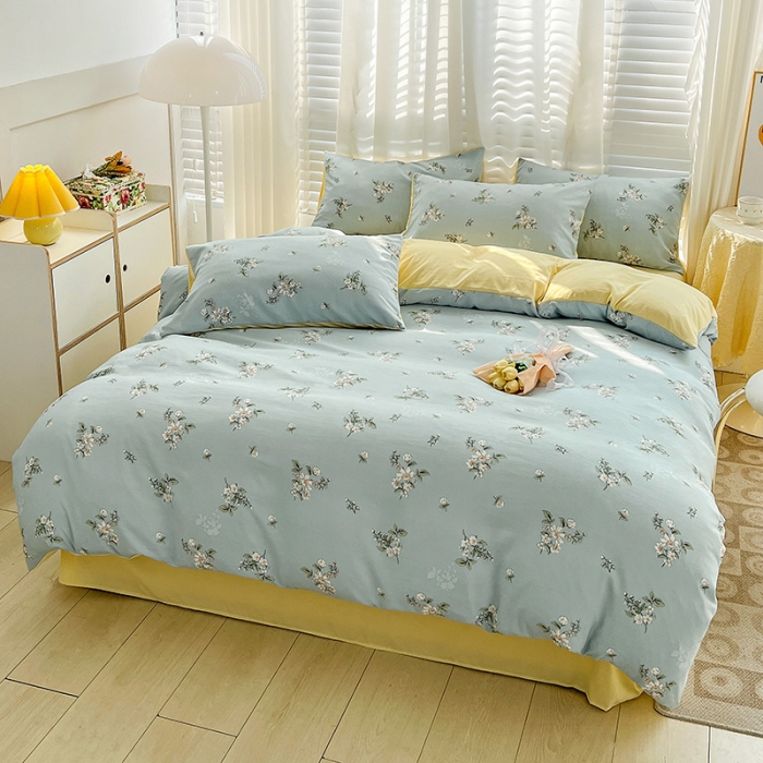 91家纺网 家纺一手货源 找家纺 暖芯优选 2023直播新款法式风双层纱棉麻水洗棉四件套 清欢-蓝