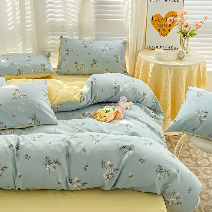 91家纺网 家纺一手货源 找家纺 暖芯优选 2023直播新款法式风双层纱棉麻水洗棉四件套 清欢-蓝