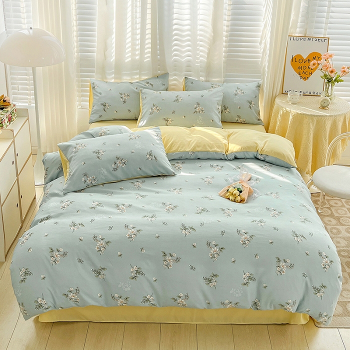 91家纺网 家纺一手货源 找家纺 暖芯优选 2023直播新款法式风双层纱棉麻水洗棉四件套 清欢-蓝