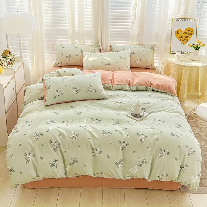 91家纺网 家纺一手货源 找家纺 暖芯优选 2023直播新款法式风双层纱棉麻水洗棉四件套 清欢-绿