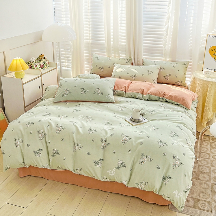 91家纺网 家纺一手货源 找家纺 暖芯优选 2023直播新款法式风双层纱棉麻水洗棉四件套 清欢-绿