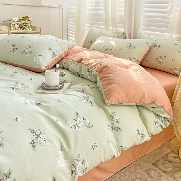 91家纺网 家纺一手货源 找家纺 暖芯优选 2023直播新款法式风双层纱棉麻水洗棉四件套 清欢-绿