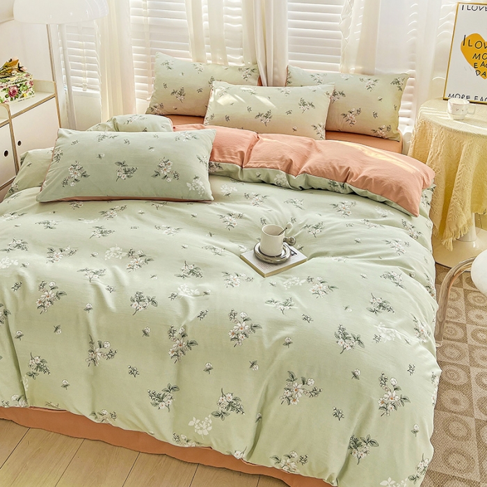 91家纺网 家纺一手货源 找家纺 暖芯优选 2023直播新款法式风双层纱棉麻水洗棉四件套 清欢-绿