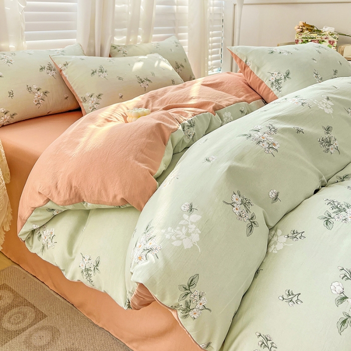 91家纺网 家纺一手货源 找家纺 暖芯优选 2023直播新款法式风双层纱棉麻水洗棉四件套 清欢-绿