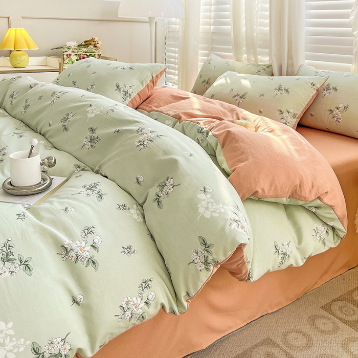 91家纺网 家纺一手货源 找家纺 暖芯优选 2023直播新款法式风双层纱棉麻水洗棉四件套 清欢-绿