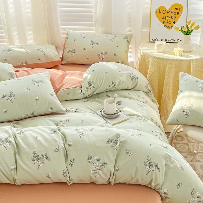 91家纺网 家纺一手货源 找家纺 暖芯优选 2023直播新款法式风双层纱棉麻水洗棉四件套 清欢-绿