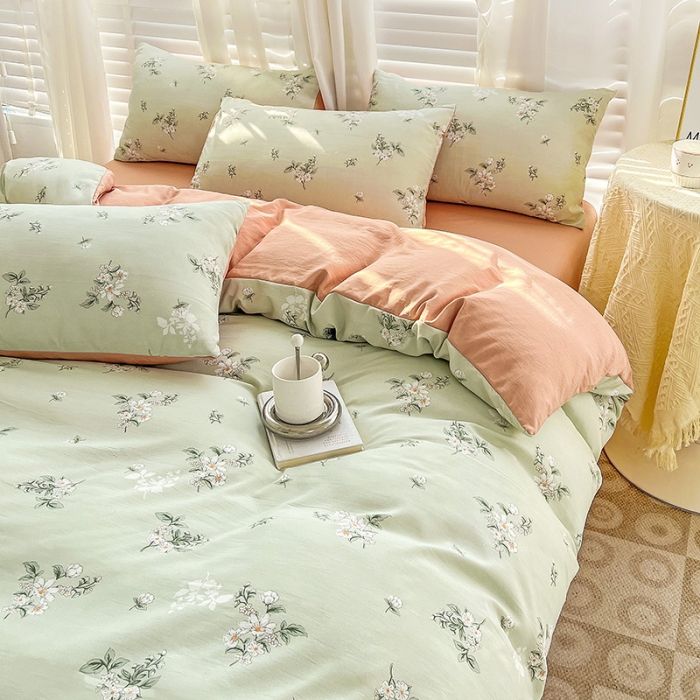 91家纺网 家纺一手货源 找家纺 暖芯优选 2023直播新款法式风双层纱棉麻水洗棉四件套 清欢-绿