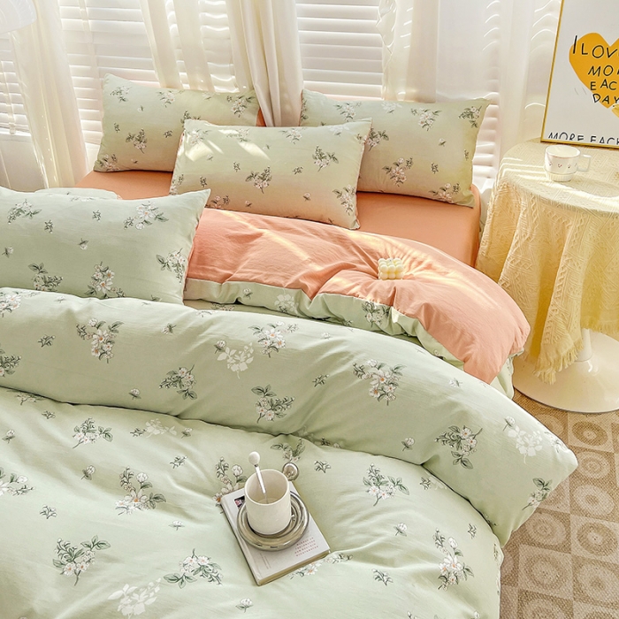 91家纺网 家纺一手货源 找家纺 暖芯优选 2023直播新款法式风双层纱棉麻水洗棉四件套 清欢-绿