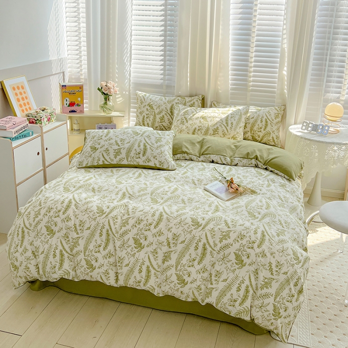 91家纺网 家纺一手货源 找家纺 暖芯优选 2023直播新款法式风双层纱棉麻水洗棉四件套 花季-绿